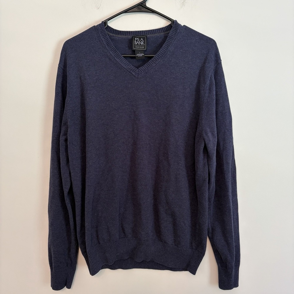 Jos A Bank Traveler 100% Pima Cotton Blue V-Neck Pullover Sweater Mens Large